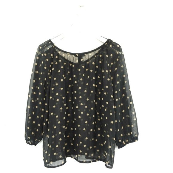 Polka Dot Peasant Blouse Womens XS 2 Black Sheer Button Up Whimsigoth Boho HM - Picture 1 of 9